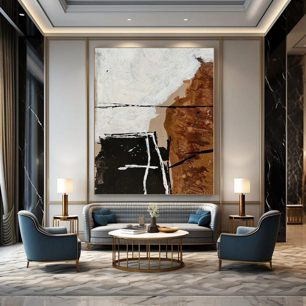 Brown, White and Black with Geometric Overlaps "Layered Geometry" Abstract Painting On Canvas PS1126