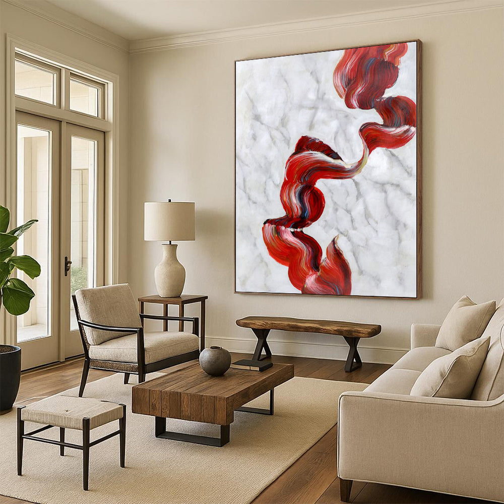 “Red - Blue - White Abstract Flowing Ribbons” - Graceful Abstract Painting On Canvas PS0307