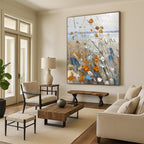 “Textured Wildflowers in Orange, Blue, and White” - Impasto Landscape Painting On Canvas PT1839