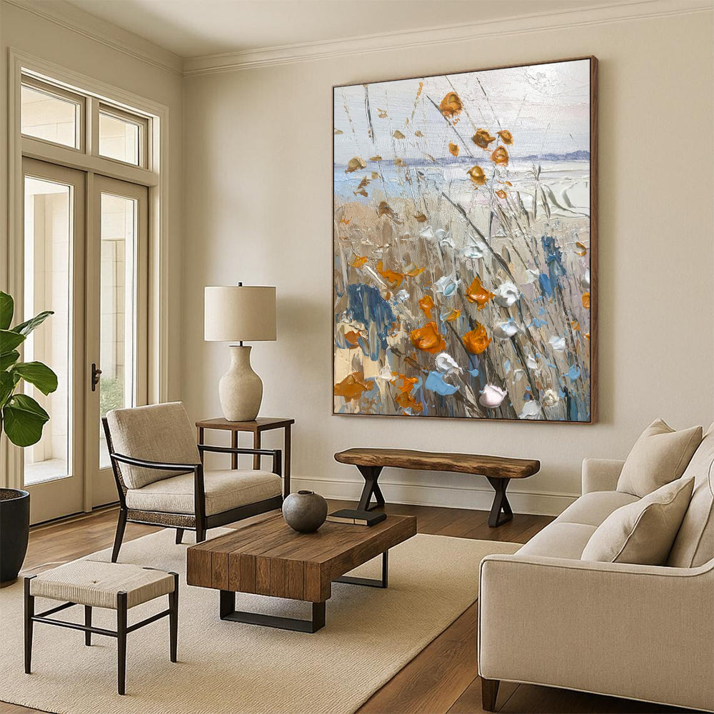 “Textured Wildflowers in Orange, Blue, and White” - Impasto Landscape Painting On Canvas PT1839