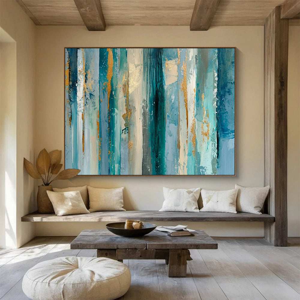 “Teal - Blue Stripes & Gold Flecks” - Abstract Textured - Painting On Canvas PT1715