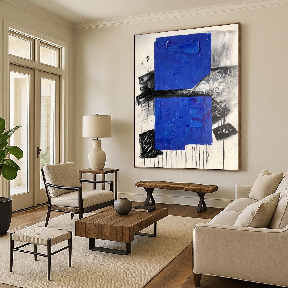 “Blue - Black - White Abstract Textured Squares” - Tactile Abstract Painting On Canvas PS0330