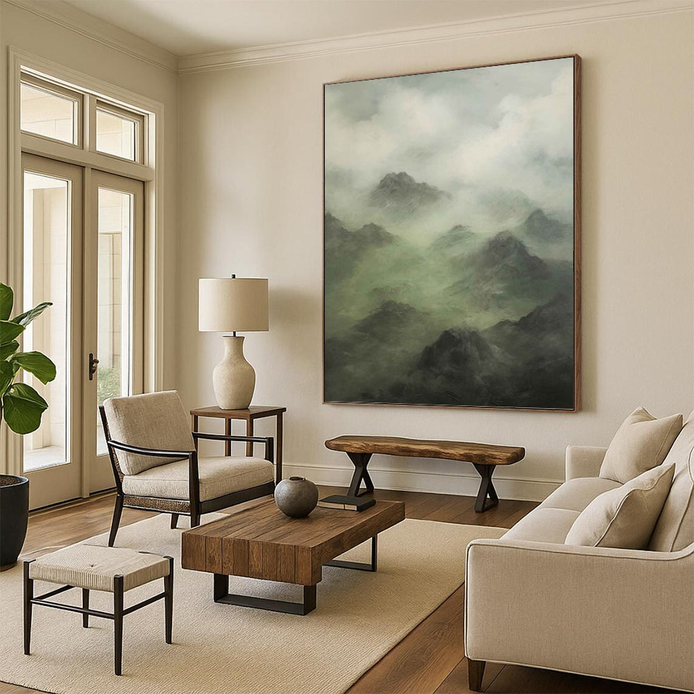 “Misty Mountain Greens” - Green, Gray, Atmospheric Landscape Painting On Canvas PT1480