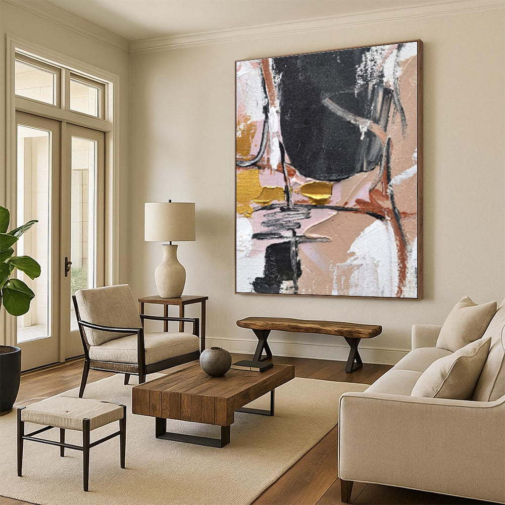 “Pink - Gold - Black Abstract Textures” - Pink, Gold, Black, White Abstract Textured Painting On Canvas PS0560