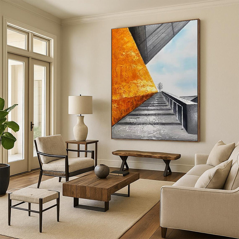 “Orange Wall & Stairway” - Architectural Abstract Painting On Canvas DS281