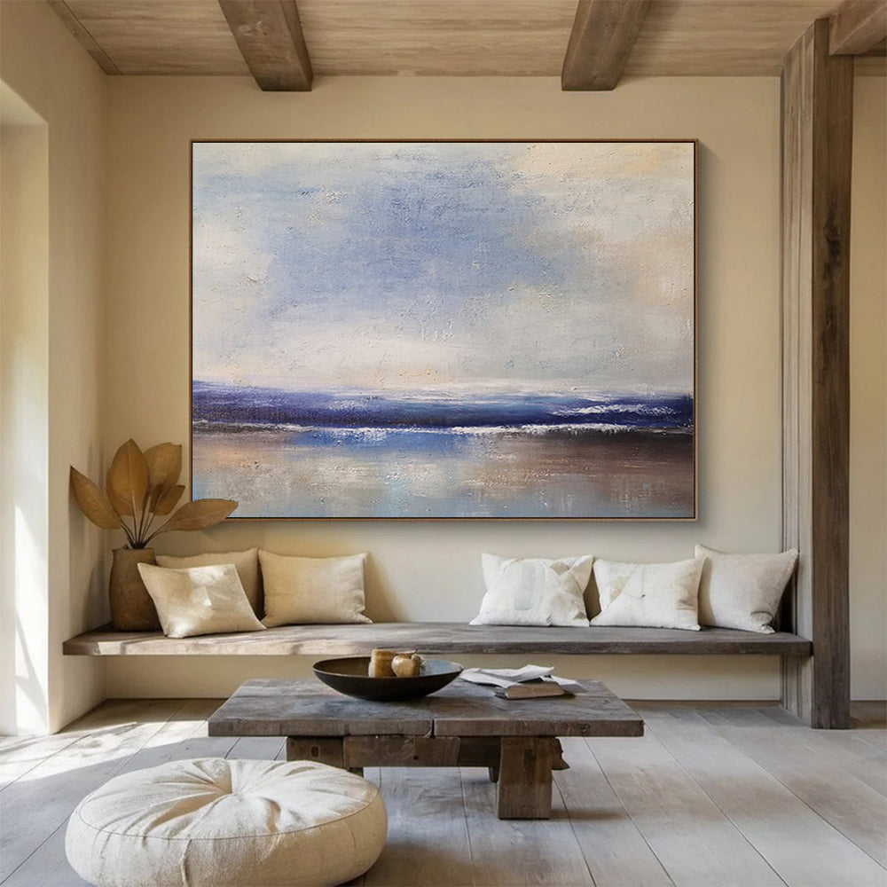 “Soft Coastal Horizon in Blues and Neutrals” - Minimalist Seascape Oil Painting On Canvas PT037