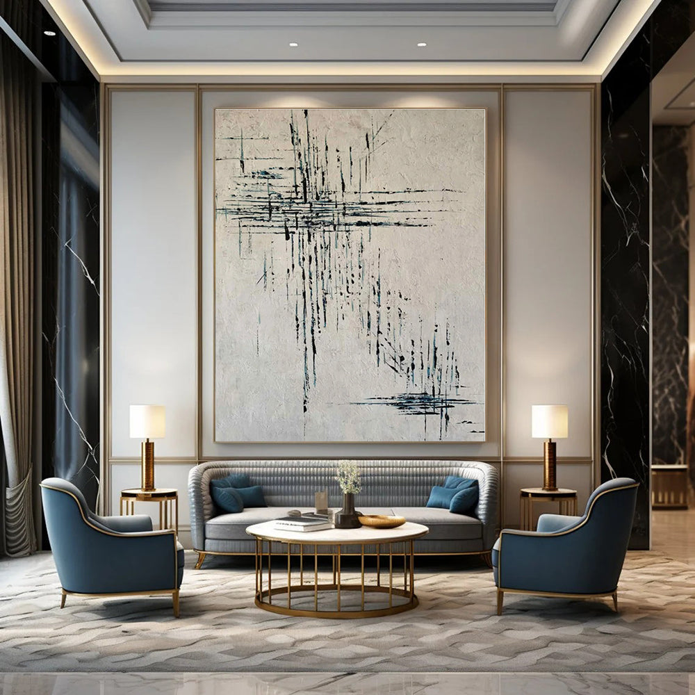 White, Black, Blue with Linear Drips "Dripping Rhythm" Abstract Painting On Canvas PS1315