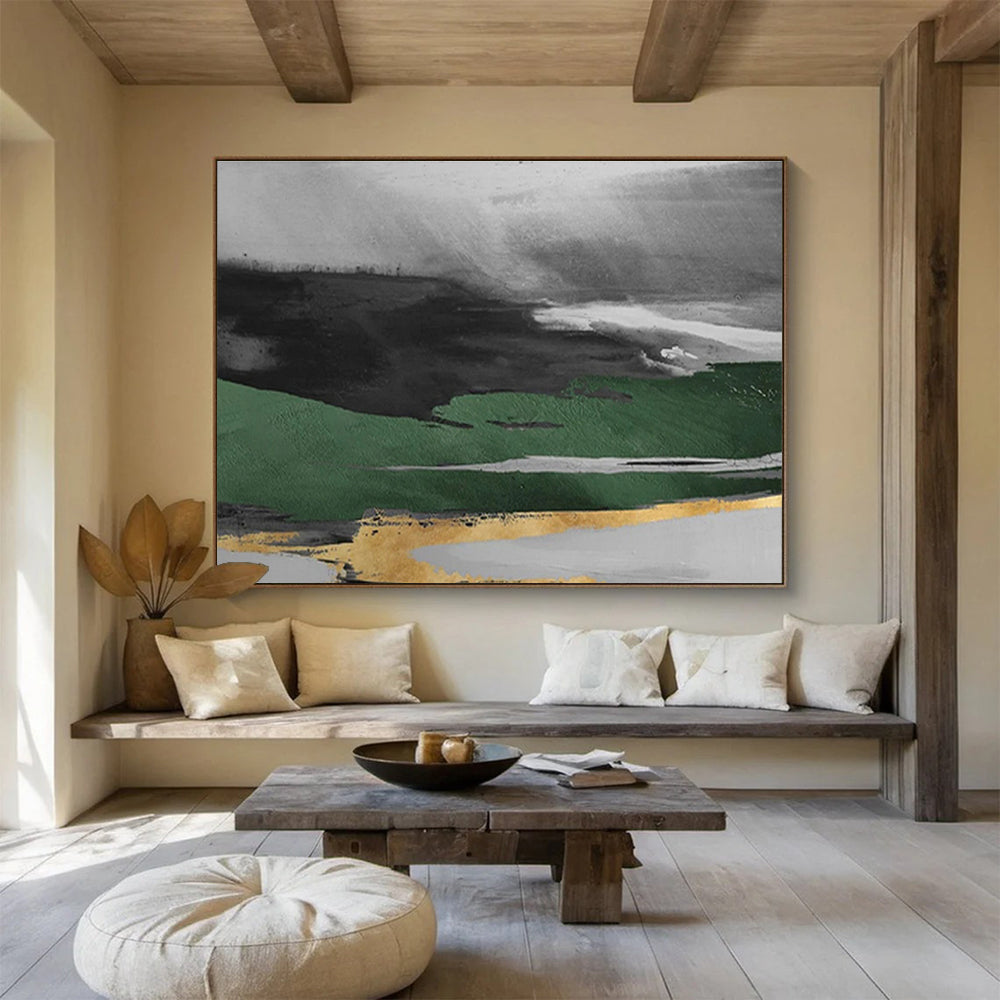 “Green and Gold Abstract Landscape” - Abstract Landscape Painting, Ideal for Dining Room & Entryway DKS606