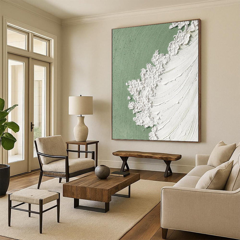 “Green and White Textured Abstract” - Abstract, Green - Accented Painting On Canvas PT1502