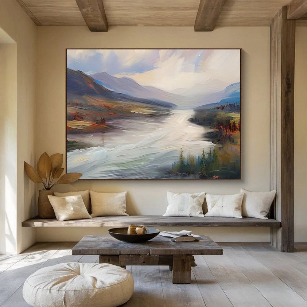 “Flowing River Valley” - Blue, Green & Brown Landscape, Smooth Oil Painting On Canvas DKS726