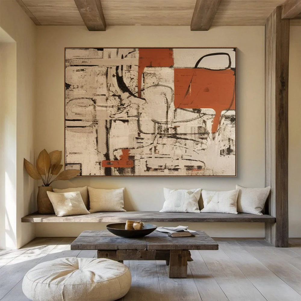 “Rust and Beige Abstract with Black Lines” - Industrial Abstract Painting On Canvas PT099