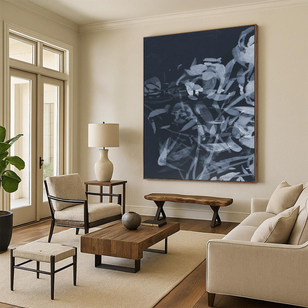 “Indigo Floral Abstraction” - Layered Plant Forms Painting On Canvas DS240