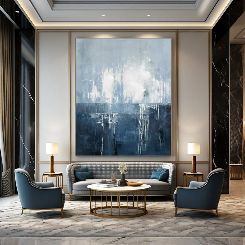 Blue, Gray and White with Flowing Drips "Oceanic Drift" Abstract Painting On Canvas PS1138