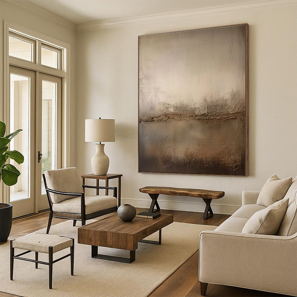 “Beige - Brown Textured Horizon” - Beige, Brown, Gray Abstract Textured Painting On Canvas PS0573