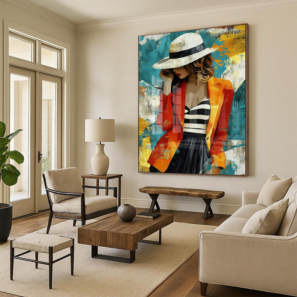 “Stylish Woman in Colorful Abstract Background” - Pop - Art Inspired Painting On Canvas PT2191