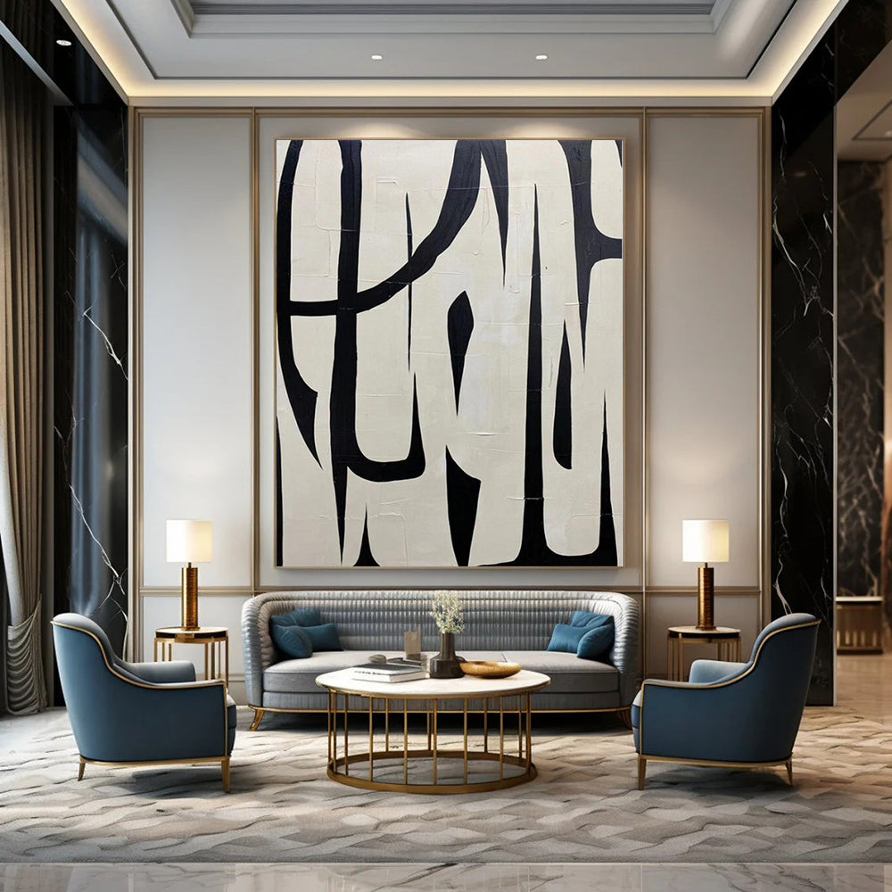 Black and White with Bold, Intertwined Forms "Dynamic Interplay" Abstract Painting On Canvas PS1133