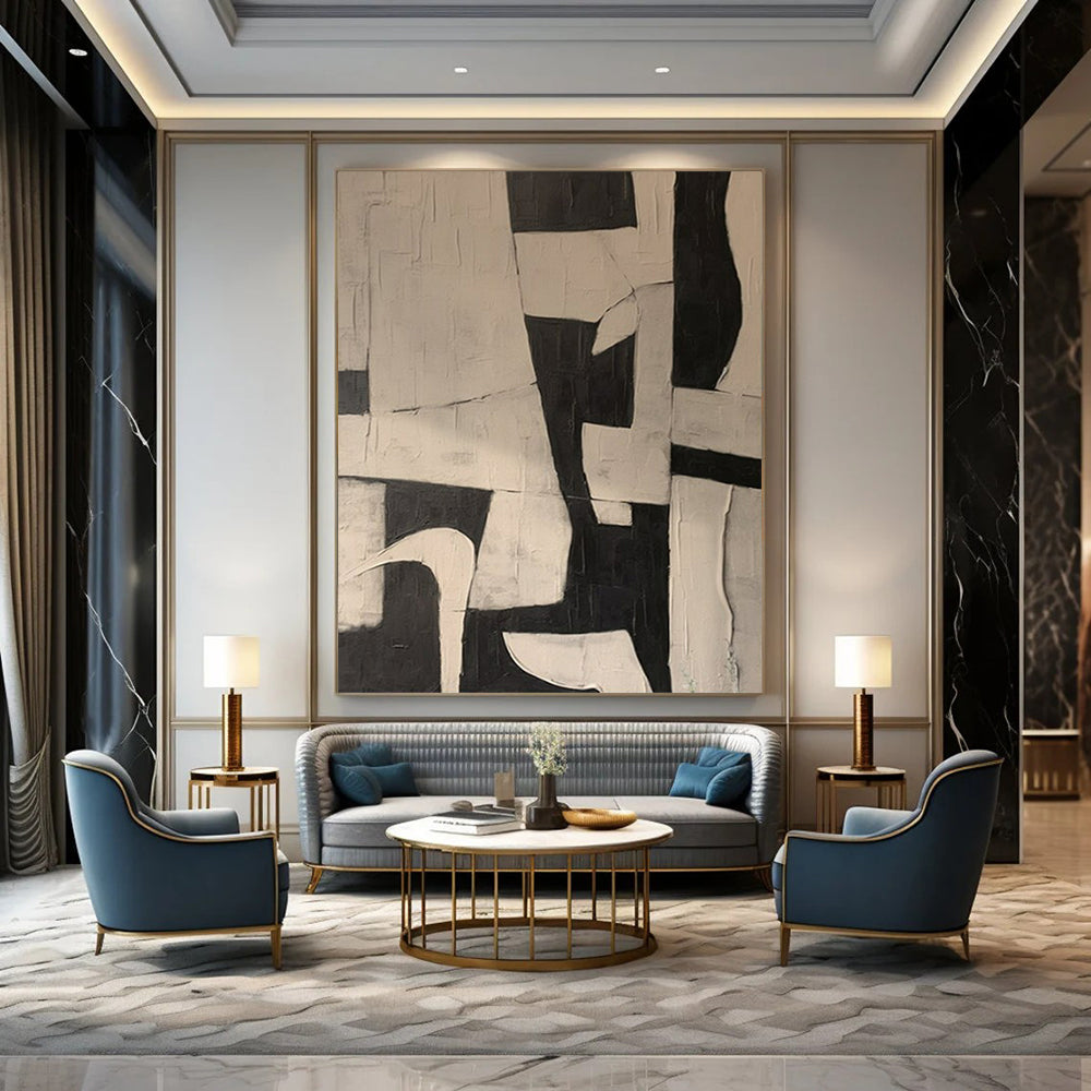 Black and White Geometric, "Monochrome Structure" – Abstract Geometric Painting On Canvas PS0977