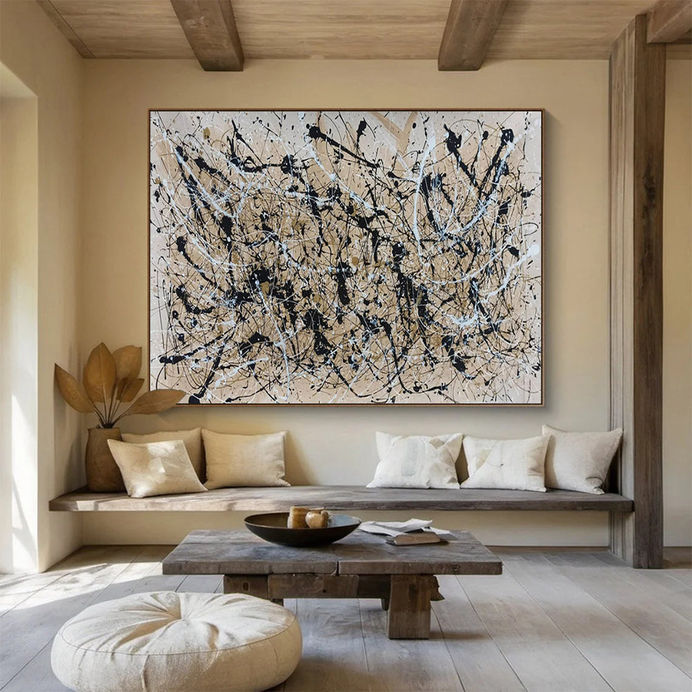 “Beige - Black - White Drip Art” - Pollock - Inspired Abstract Painting On Canvas PT1588