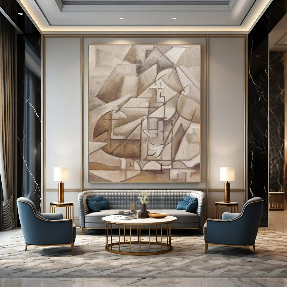 Brown, Beige with Cubist Forms "Abstract Village" Abstract Painting On Canvas PS1456
