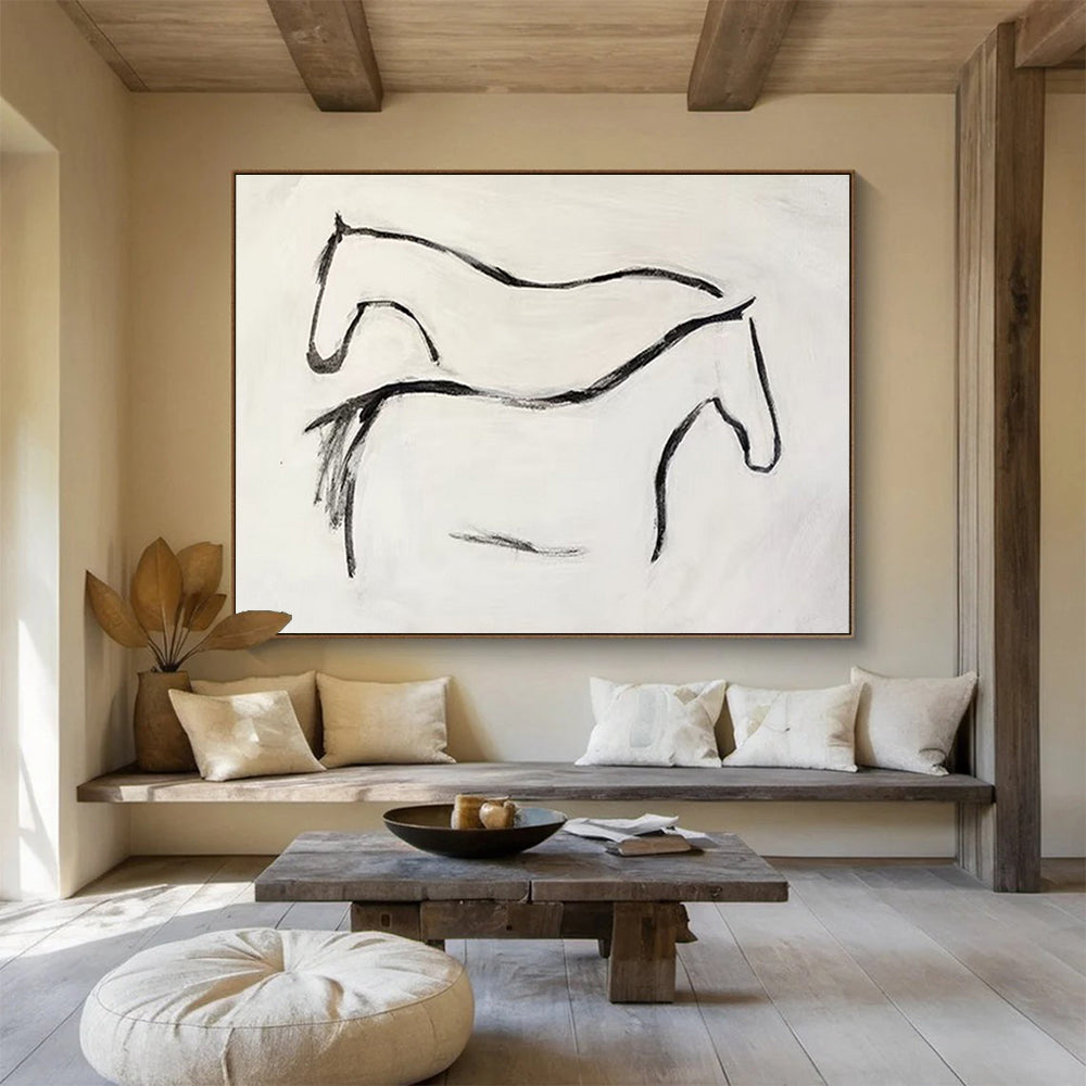 “Minimalist Horse Silhouettes” - Black & White Figurative, Simplistic Ink Painting On Canvas DKS751