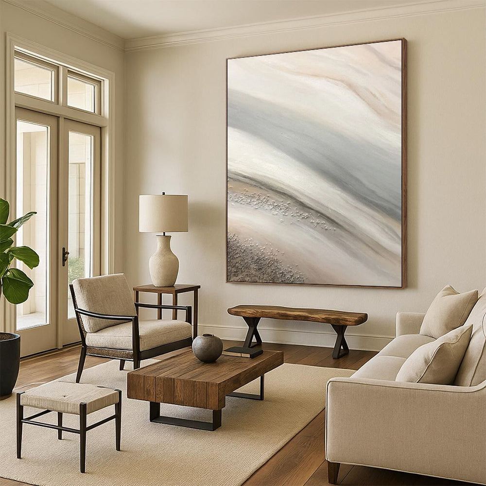 “Soft Silver - Beige Flow” - Silver, Beige, Gray Abstract Fluid Painting On Canvas PS0652