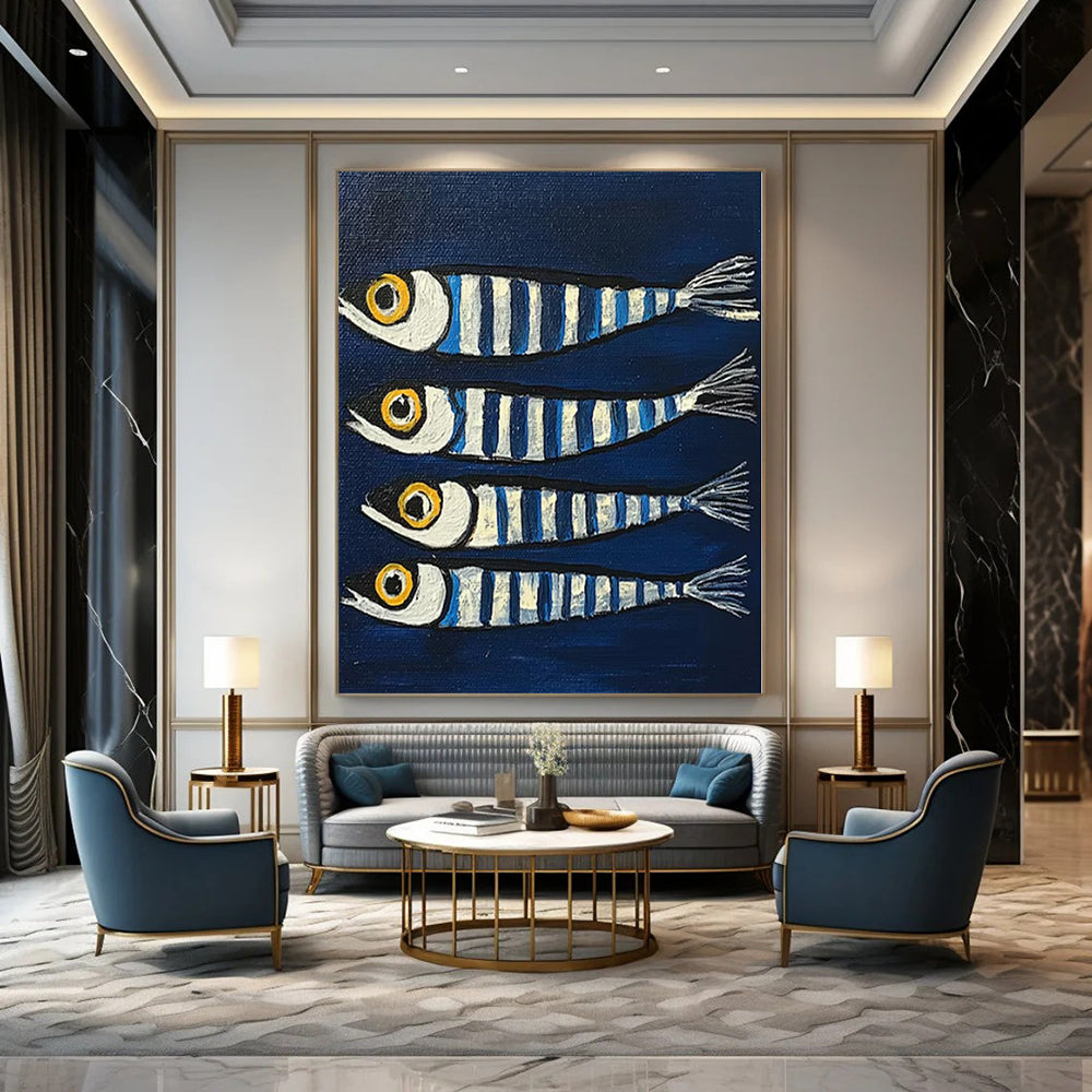 Blue, White, Yellow with Striped Fish "Sea Stripes" Naive Art Painting On Canvas PS1189