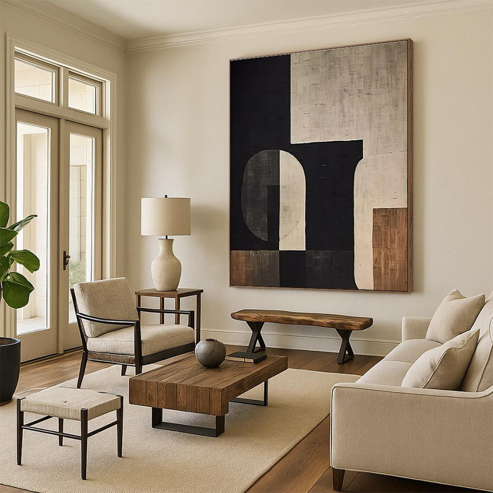 Black, Beige & Brown Geometric Abstract "Suburban Geometry" Painting On Canvas PS0862