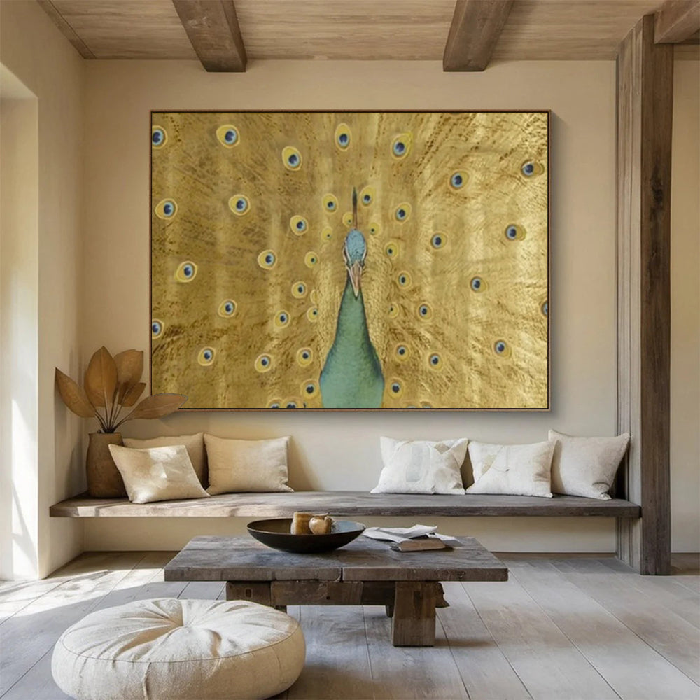 “Golden Peacock Display” - Gold, Blue & Green Animal, Ornate Oil Painting On Canvas DKS740