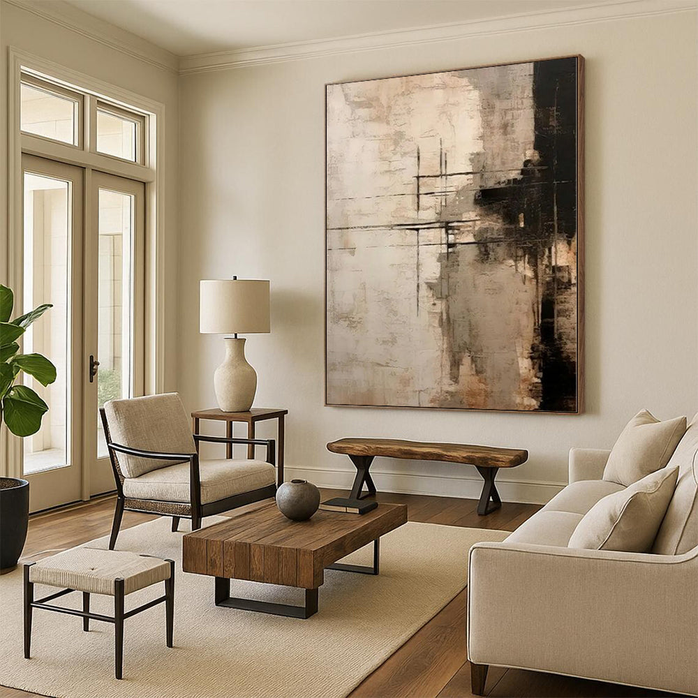 “Neutral Toned Abstract with Black Crossed Lines” - Geometric Abstract Painting On Canvas PS0272