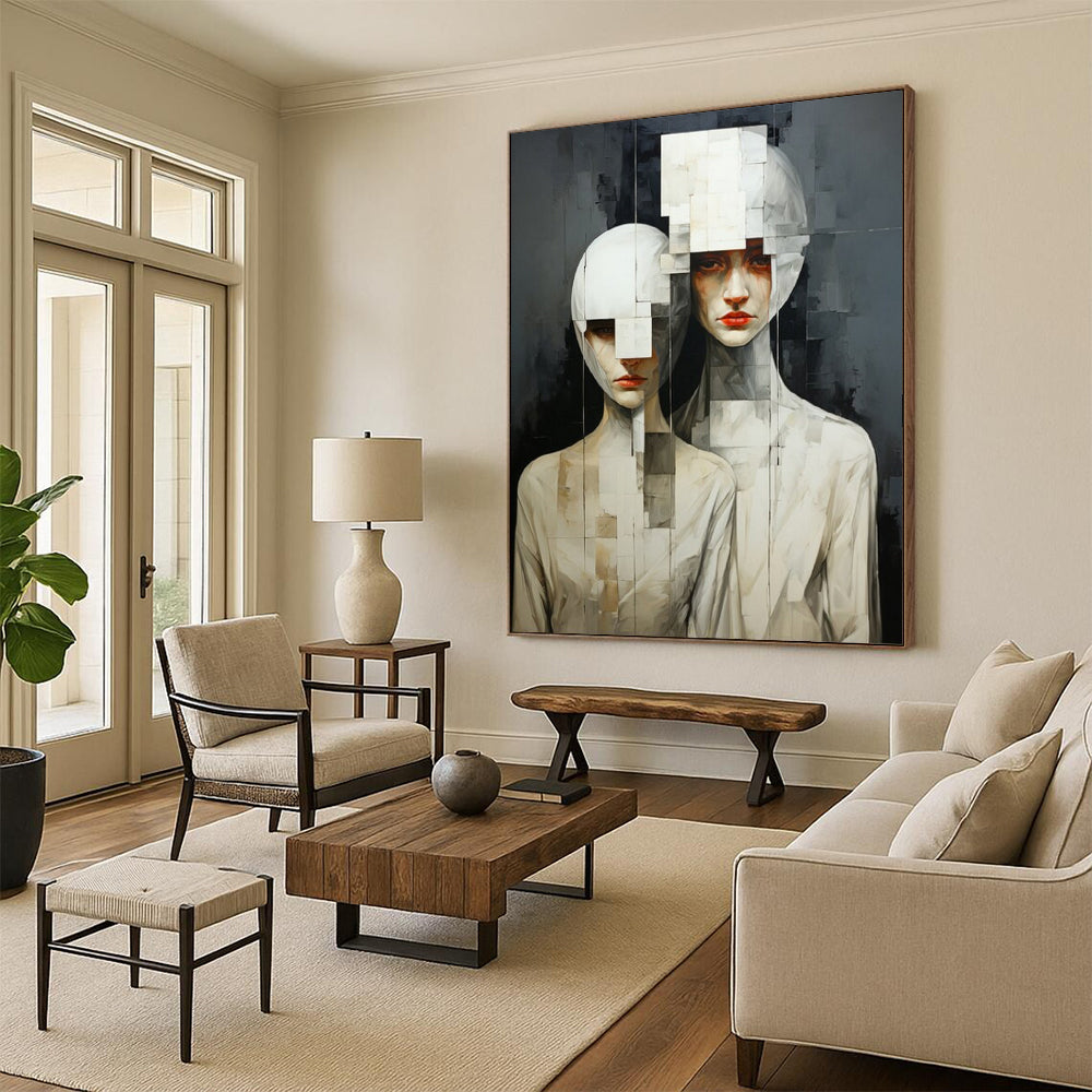 “Monochrome Fragmented Figures” - Surrealist Painting On Canvas PT2203