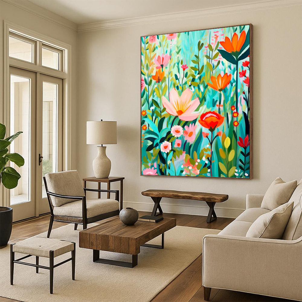 “Colorful Floral Meadow” - Modern, Whimsical - Styled Painting On Canvas PT1595