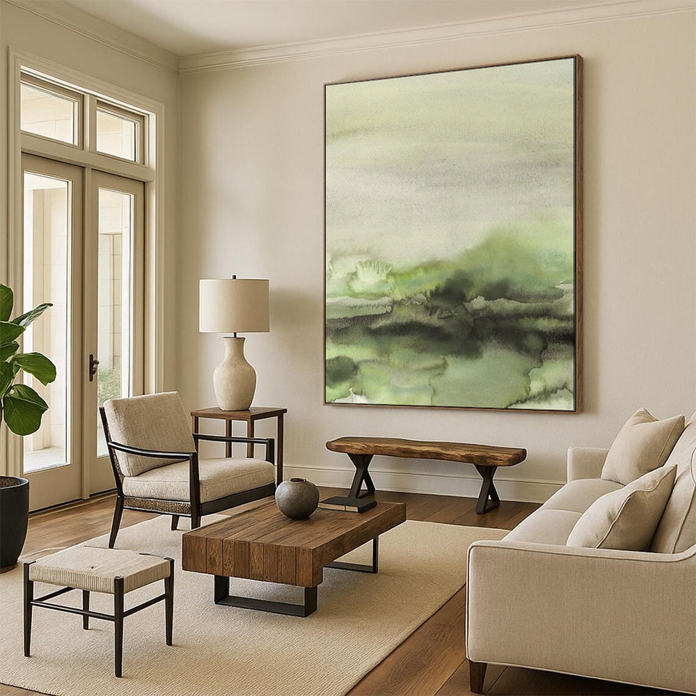 “Green - Gray Watercolor Abstract” - Watercolor Landscape Painting On Canvas PT1965