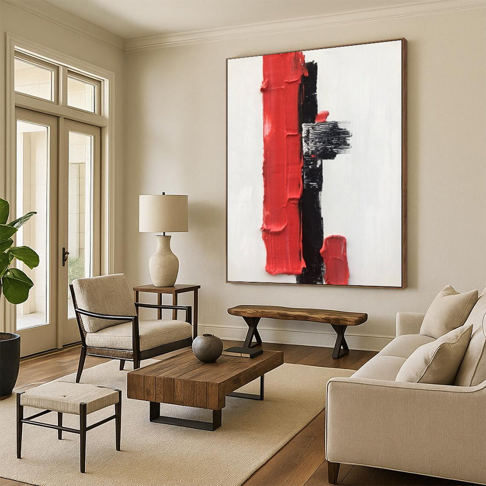 “Red, Black, and White Textured Forms” - Striking Abstract Painting On Canvas DS390