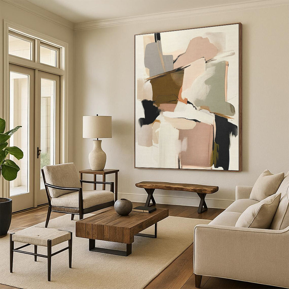 “Blush & Brown Abstract Collage” - Blush, Brown, Gray, White Abstract Mixed - Media Painting On Canvas PS0762