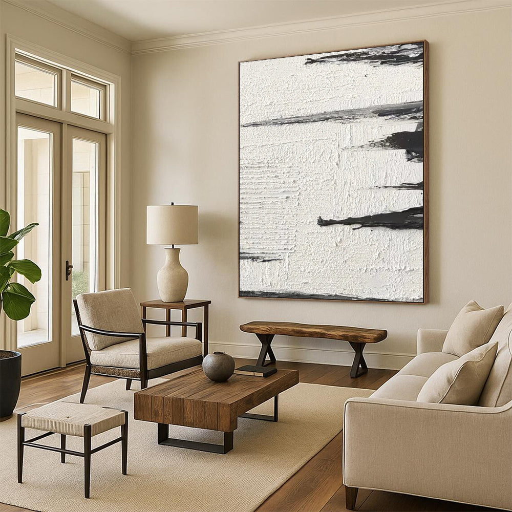 “Textured Black and White Abstract Horizons” - Layered Minimalist Painting On Canvas DS384