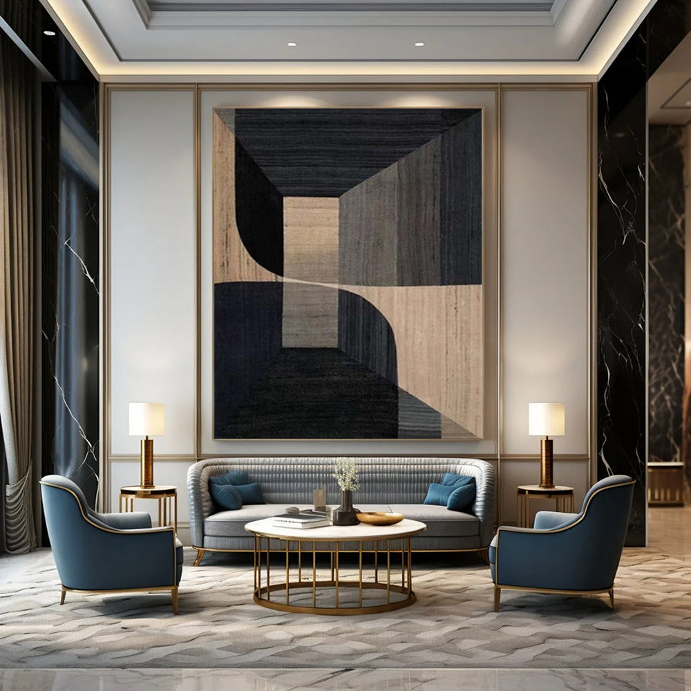 “Black - Beige Geometric Architectural” - Modern Abstract Painting On Canvas PS0151