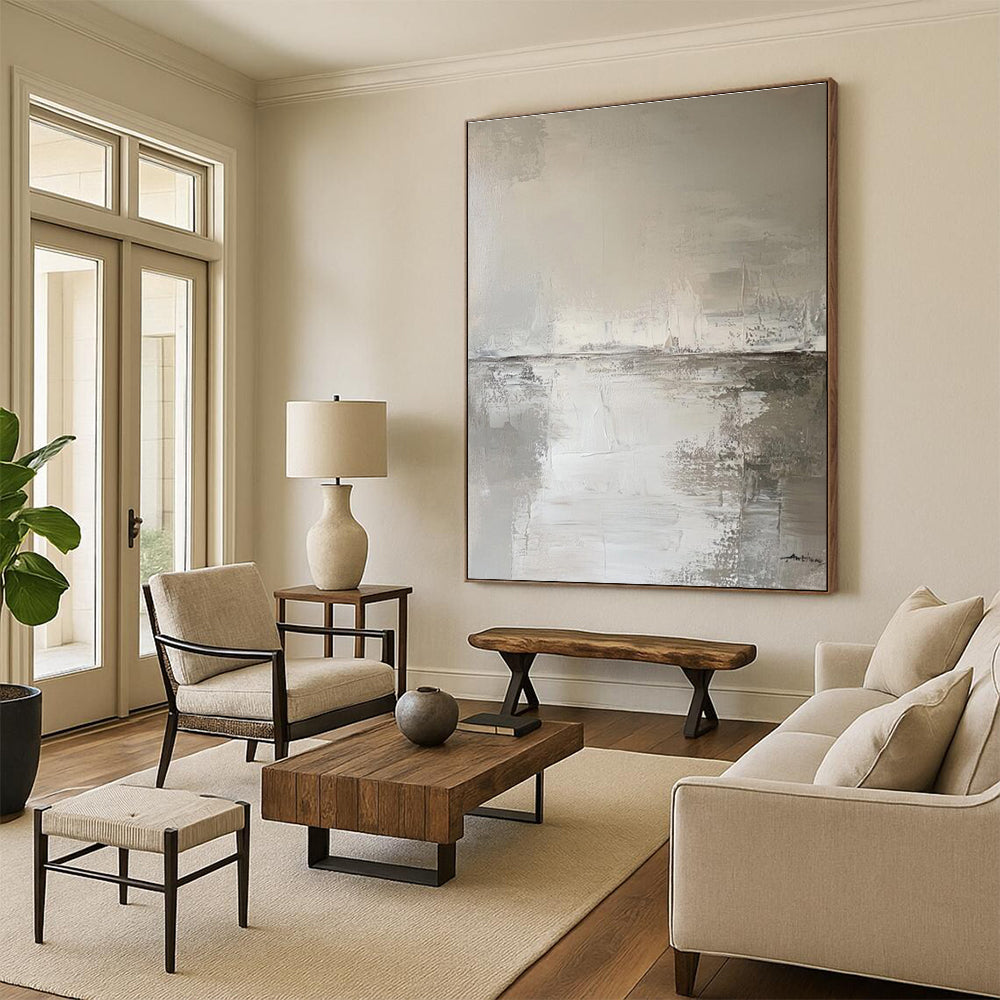 “Monochrome Abstract Landscape” - Gray, White Abstract Landscape Painting PS0772