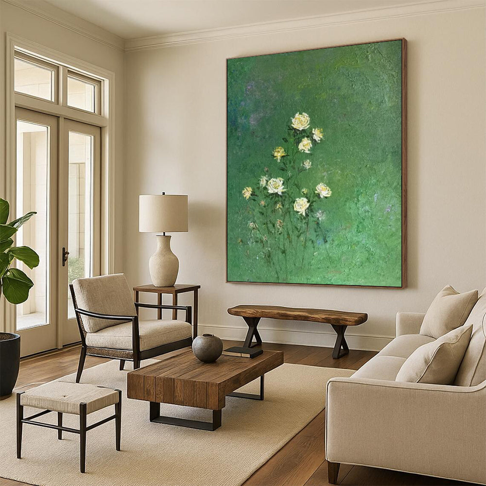 “Yellow Flowers on Green” - Impressionist Floral Painting On Canvas PT1978