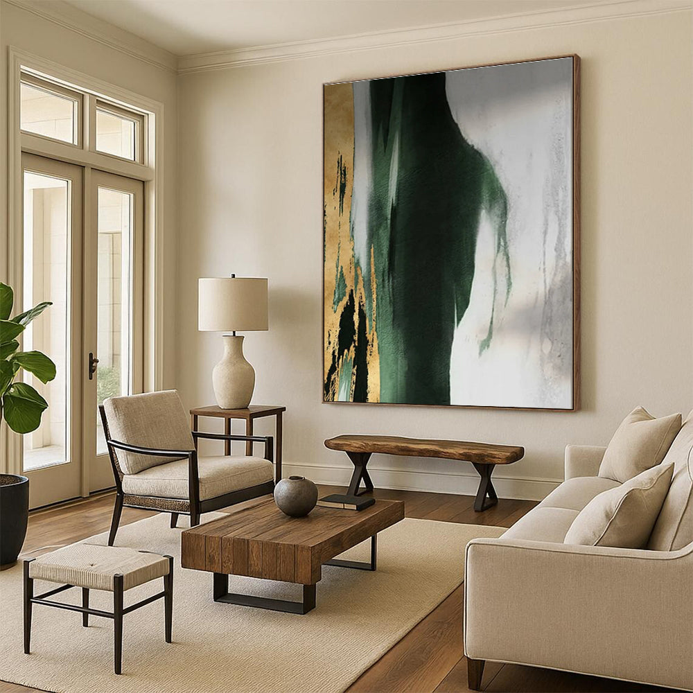 “Gold - Green Abstract Form” - Green, Gray, Gold, White Abstract Minimalist Painting On Canvas PS0640