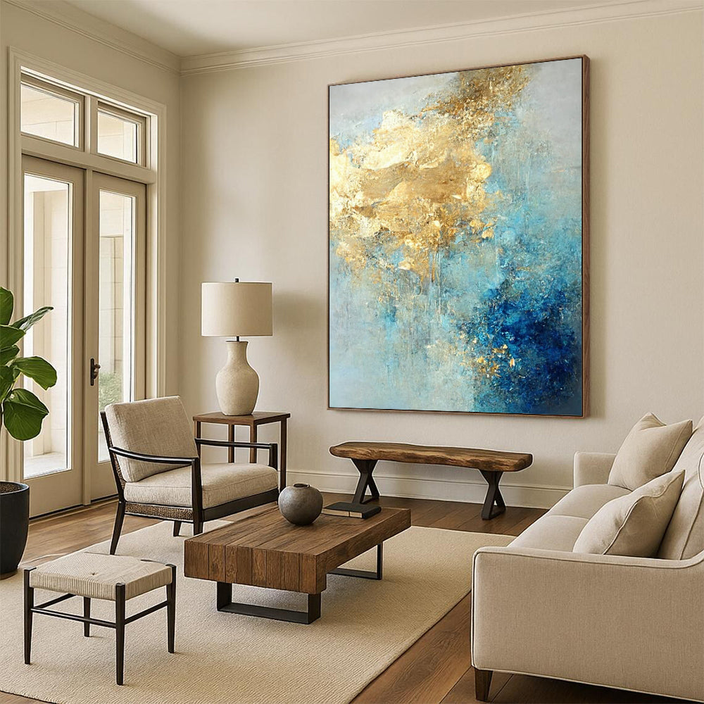 Blue - Gold Abstract Fusion Textured Painting On Canvas DS071