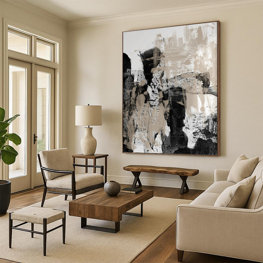 “Monochrome Textures: Black, White, and Beige Abstract” - Expressionistic Minimalist Art On Canvas PT0966