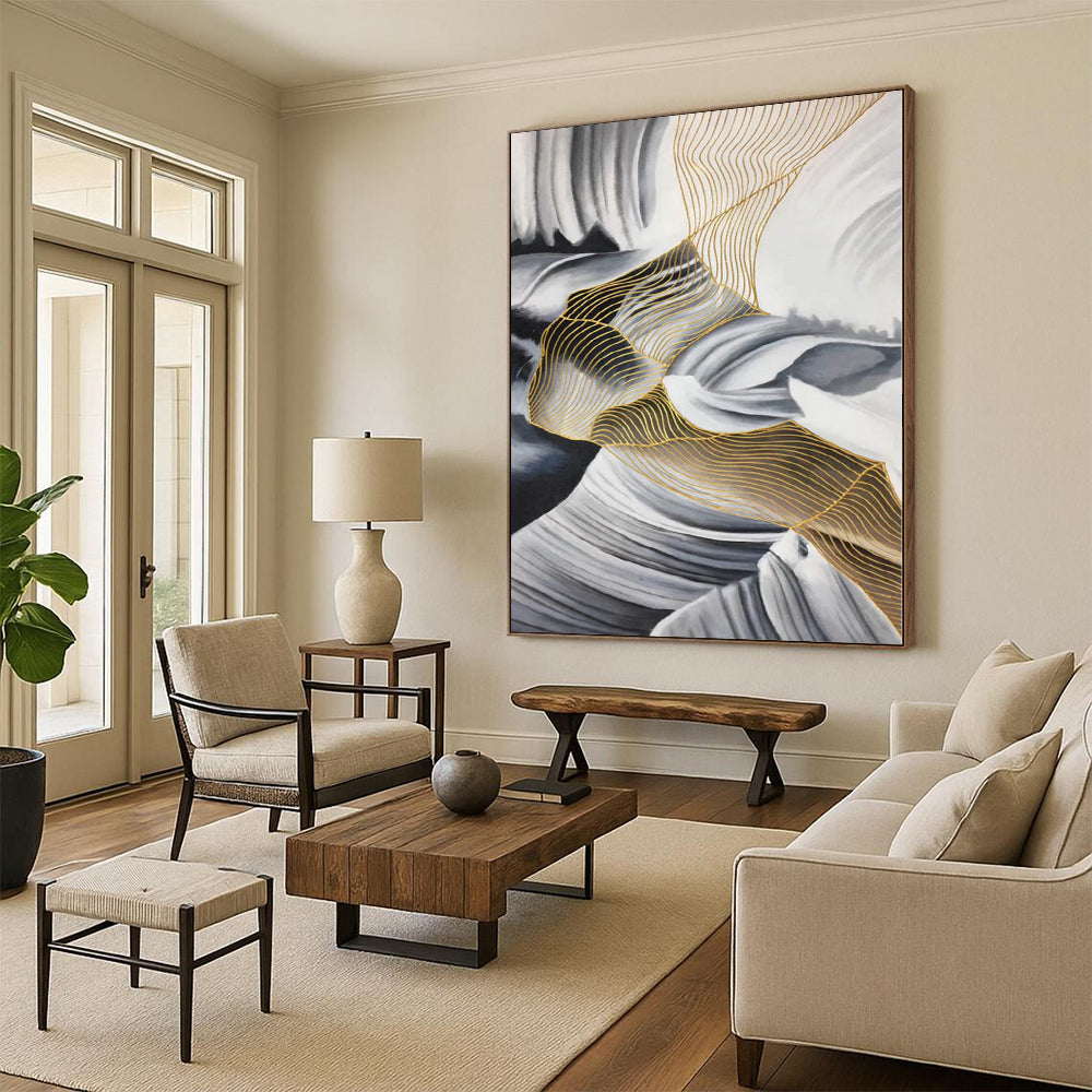 “Black - White - Gold Abstract Flowing Lines” - Luxe Abstract Painting On Canvas PS0351