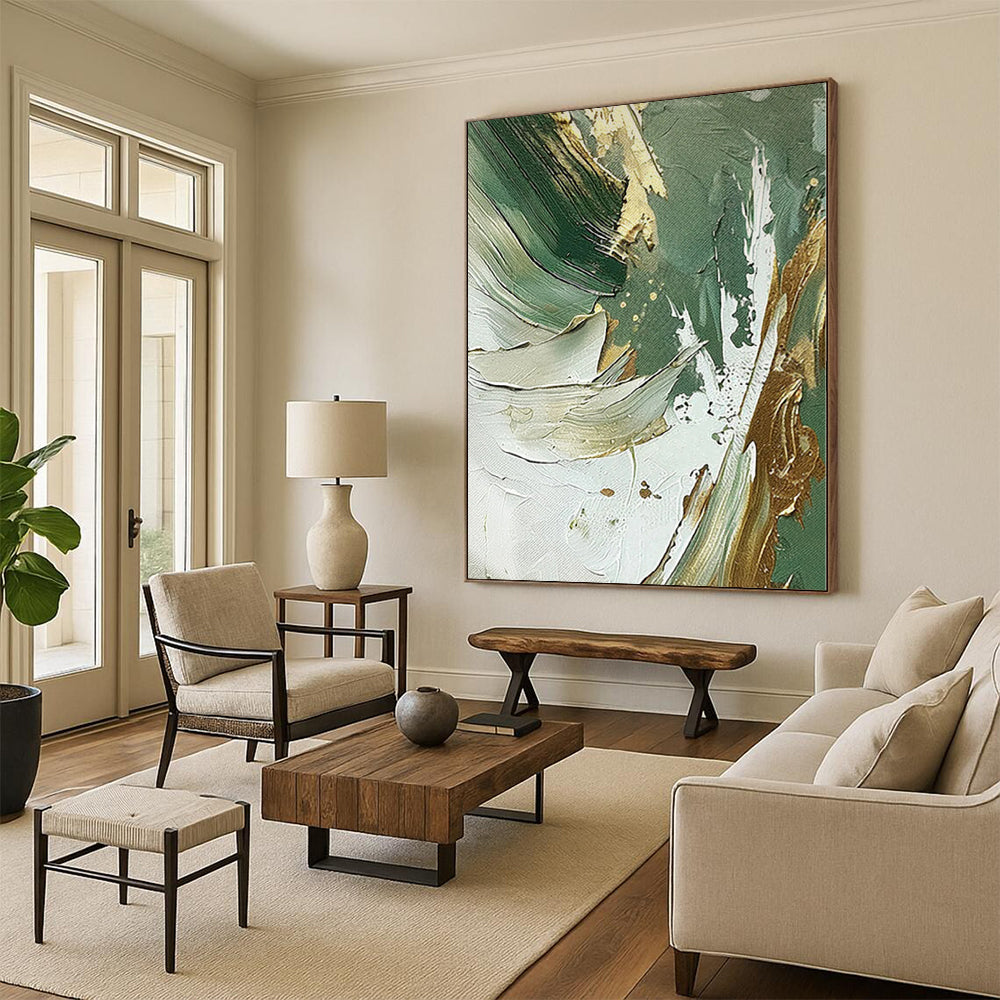 “Green - Gold - White Abstract” - Nature - Inspired Abstract Painting On Canvas PS0088