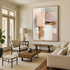 “Blush & Gold Abstract Squares” - Blush, Gold, Gray, White Abstract Geometric Painting On Canvas PS0759