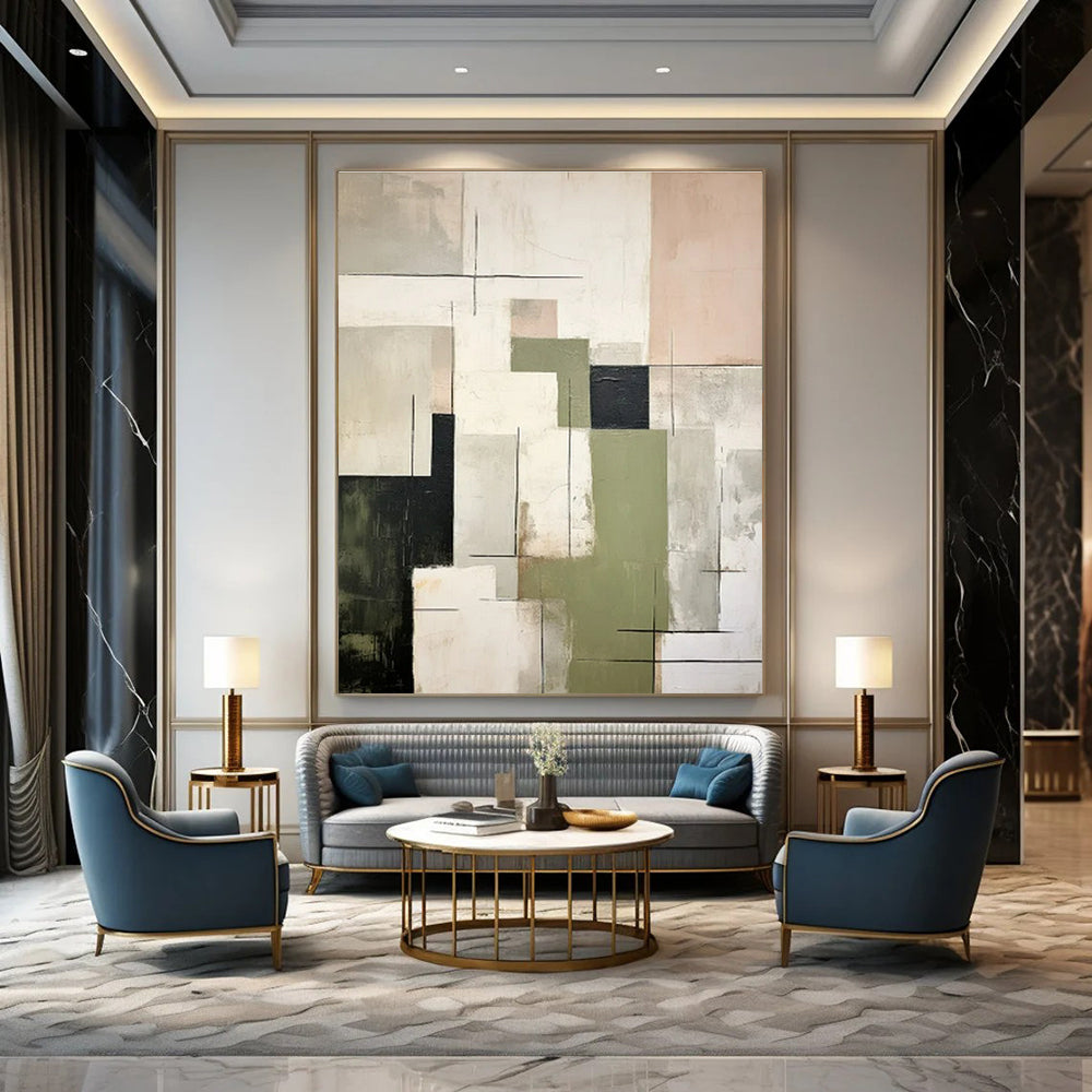 Green, Gray, Black, Beige with Dynamic Blocks "Layered Energy" Abstract Painting On Canvas PS1445