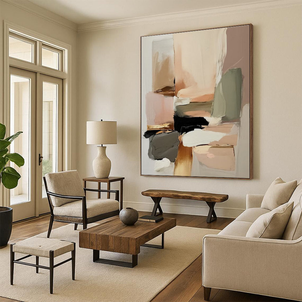 “Blush - Neutral Abstract Blocks” - Blush, Neutral Tones Abstract Geometric Painting On Canvas PS0736