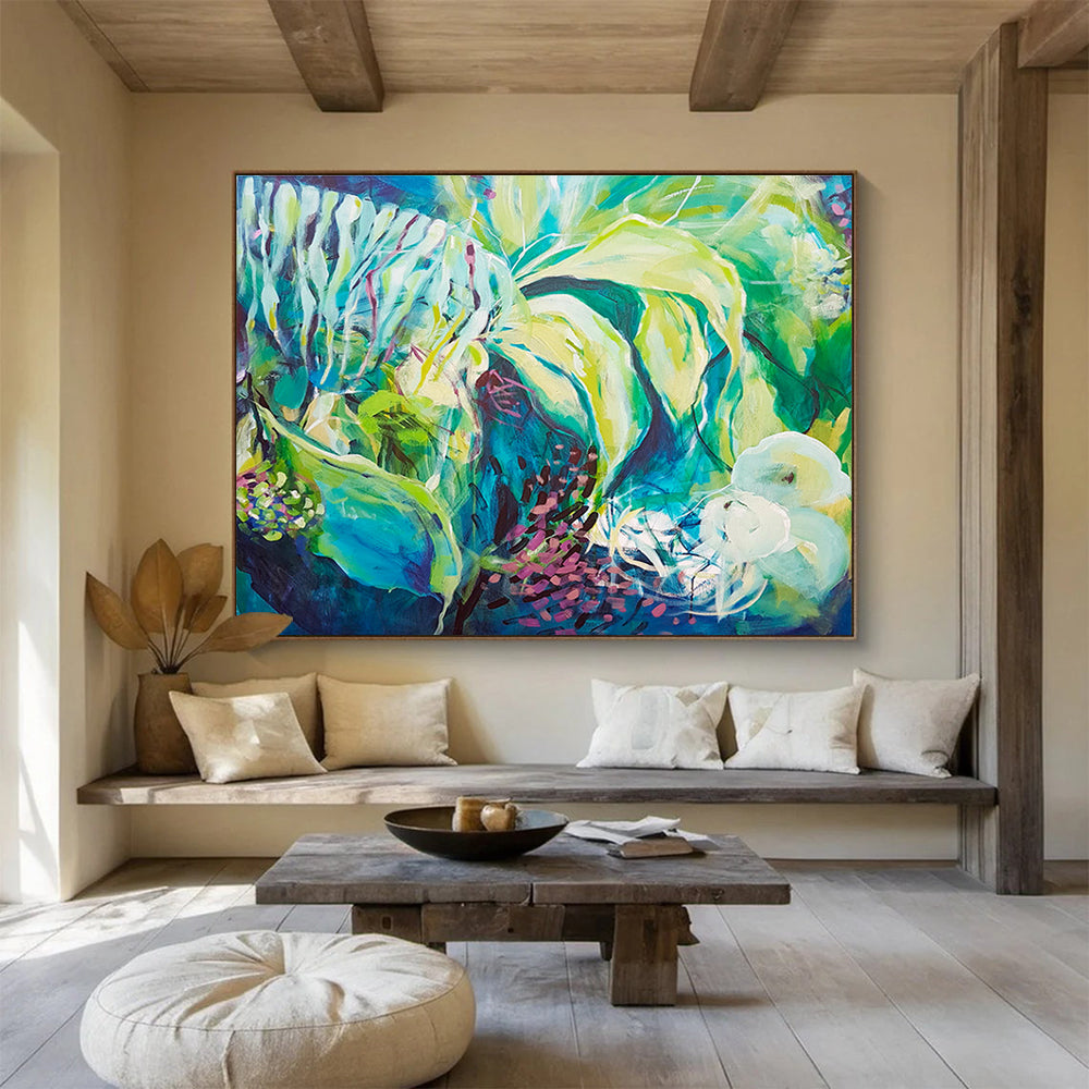 Vibrant Green & Blue Abstract Nature Painting On Canvas DKS055