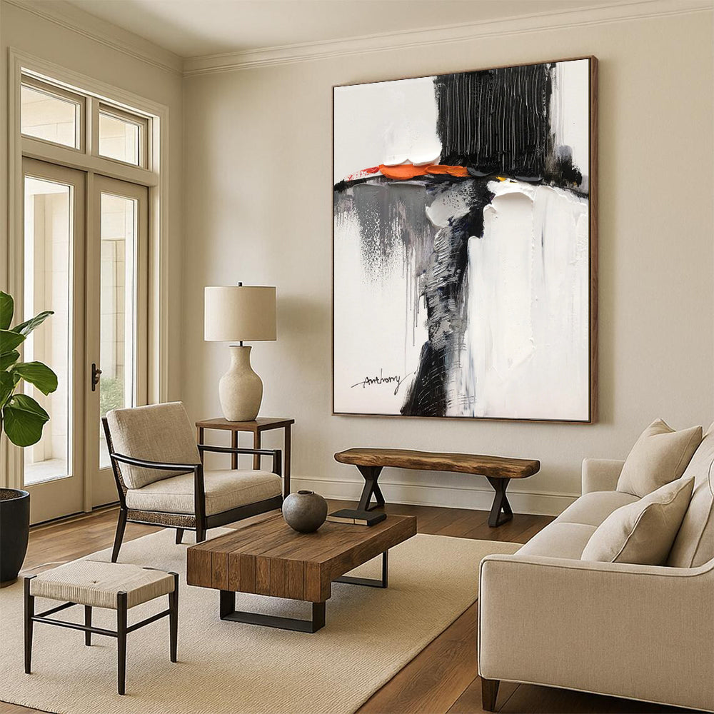 Black - White - Orange Abstract Mix, With a Nod to Clyfford Still's Style, Painting On Canvas PT2089