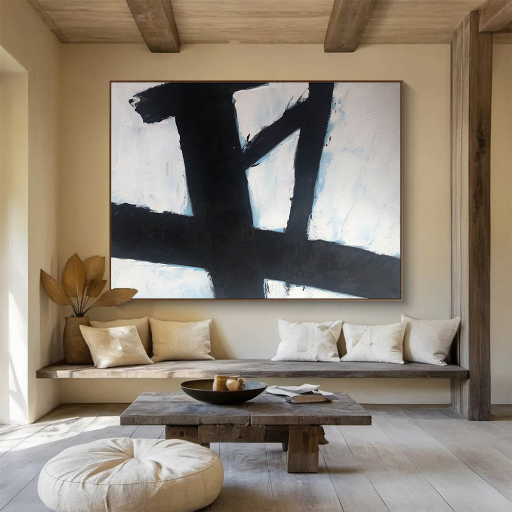 “Black Cross on Blue - White” Abstract Painting On Canvas DKS181