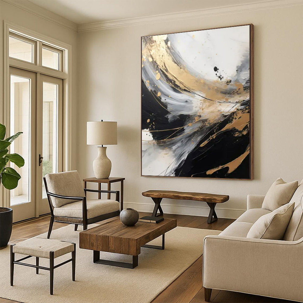 Black, White, Gold & Gray Dynamic Swirl "Midnight Gleam" Painting On Canvas PS0847
